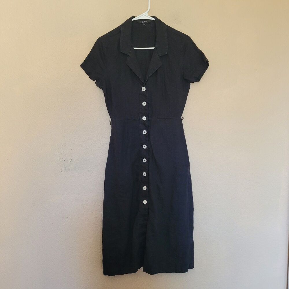 Quince 100% European Linen Button Front Midi Dress Size Xs Black Pockets Minimal